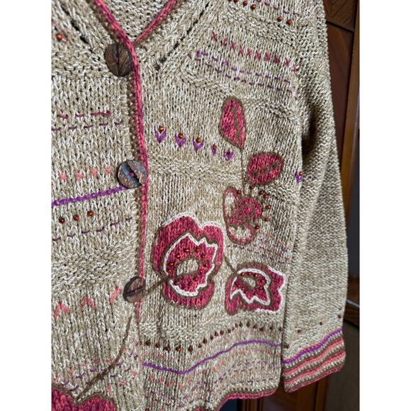 Sigrid Olsen Sport Hand Knit Floral Cardigan Silk Embroidery Boho Artsy Sweater - Picture 3 of 9